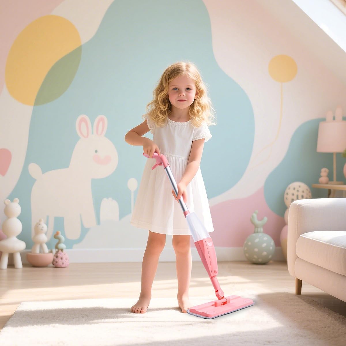 Kids Spray Mop Pink Mini Mop Set with 2 Washable Pads and 10 Disposable Cloths