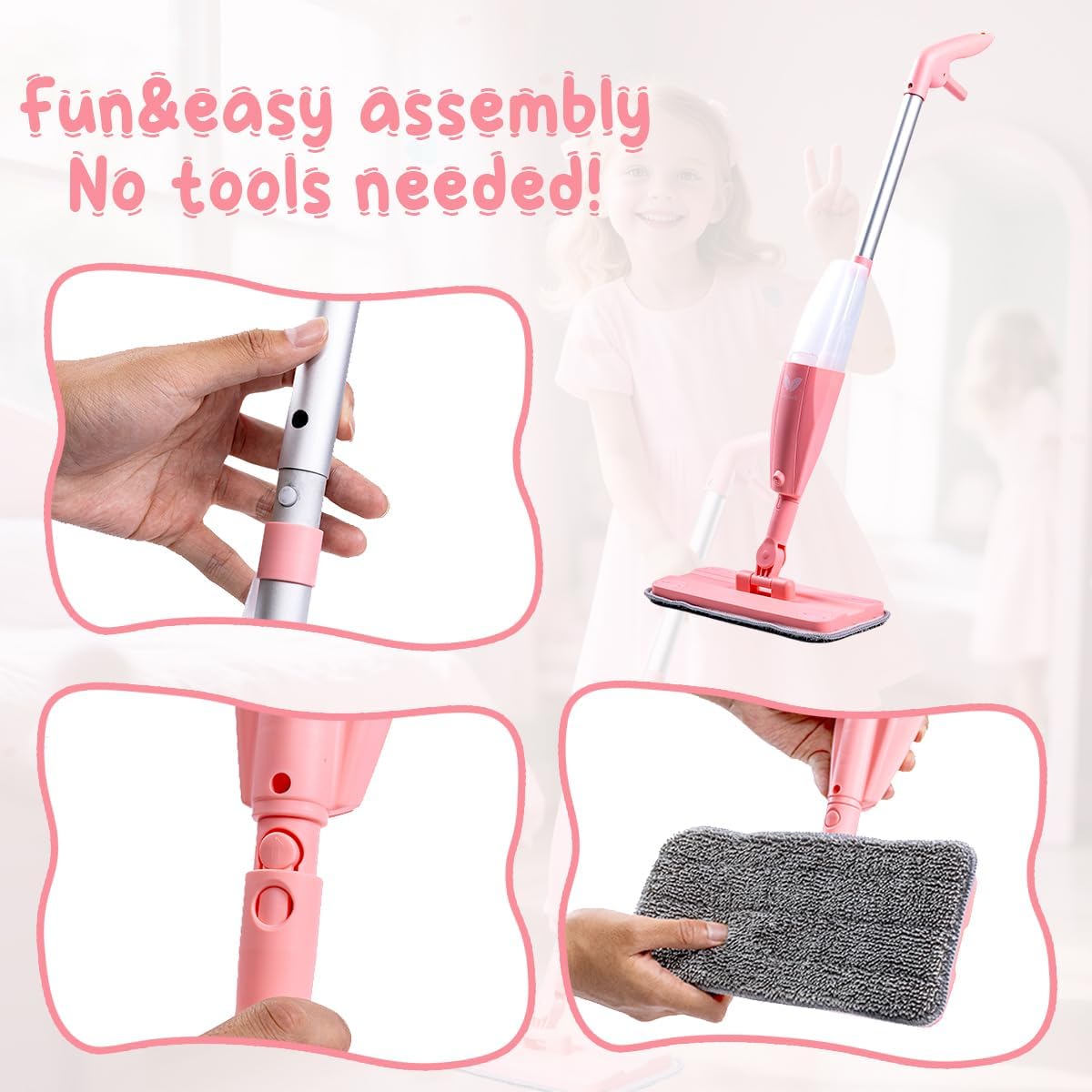 Kids Spray Mop Pink Mini Mop Set with 2 Washable Pads and 10 Disposable Cloths