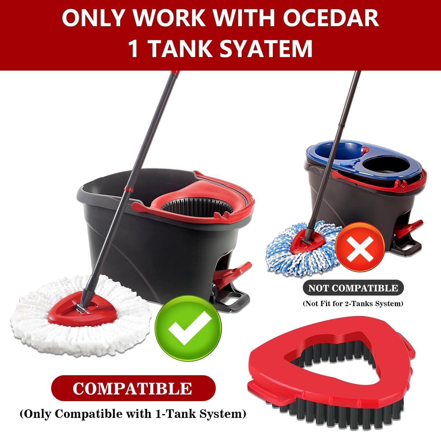 JIUMEE Spin Mop Scrub Brush Head for EasyWring 1-Tank System 2 Pack Hard Bristle Cleaning