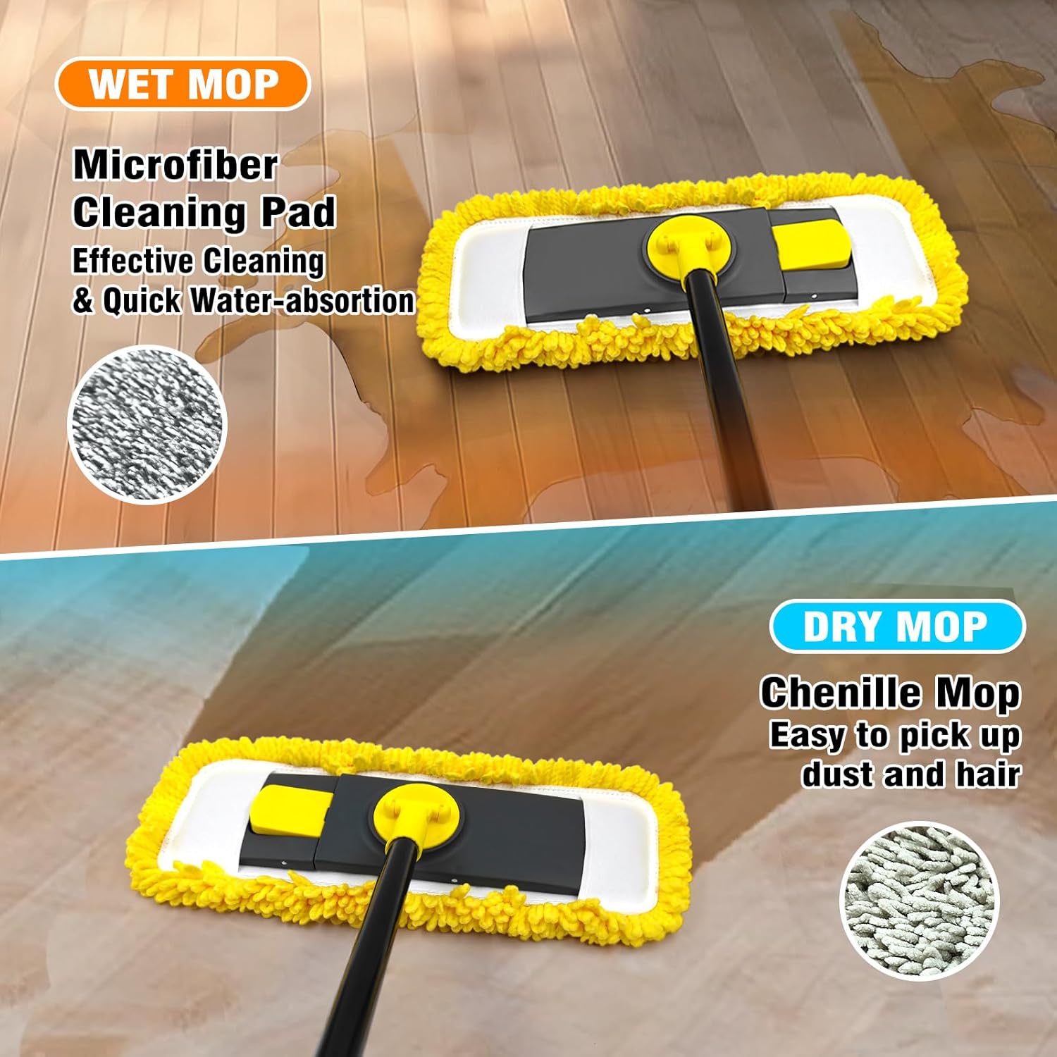 Dolanx Dust Mop with Microfiber Chenille Pads Dry Wet Flat Mop for Hardwood Laminate Vinyl Floors Yellow
