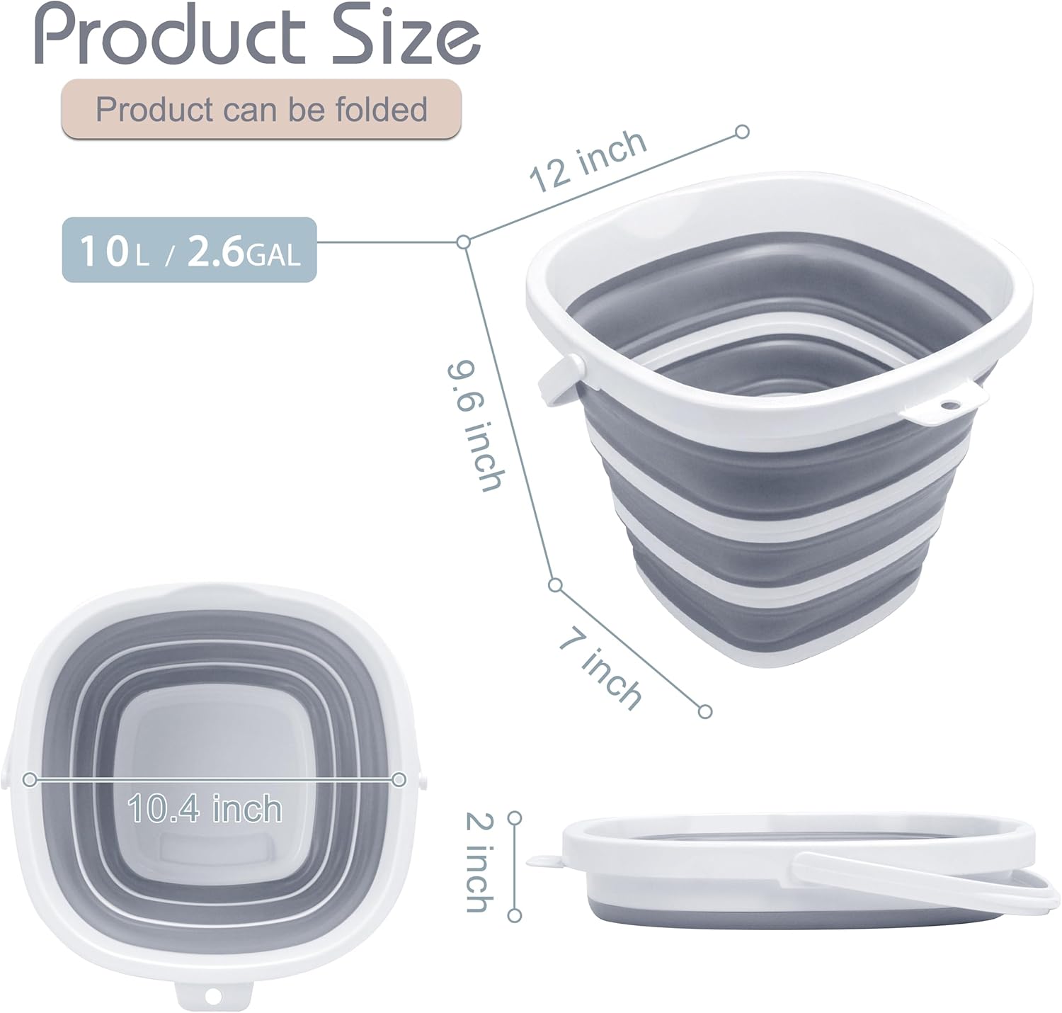 Goderewild 26 Gallon Collapsible Bucket - Square Mop Bucket for House Cleaning Car Wash Camping Grey