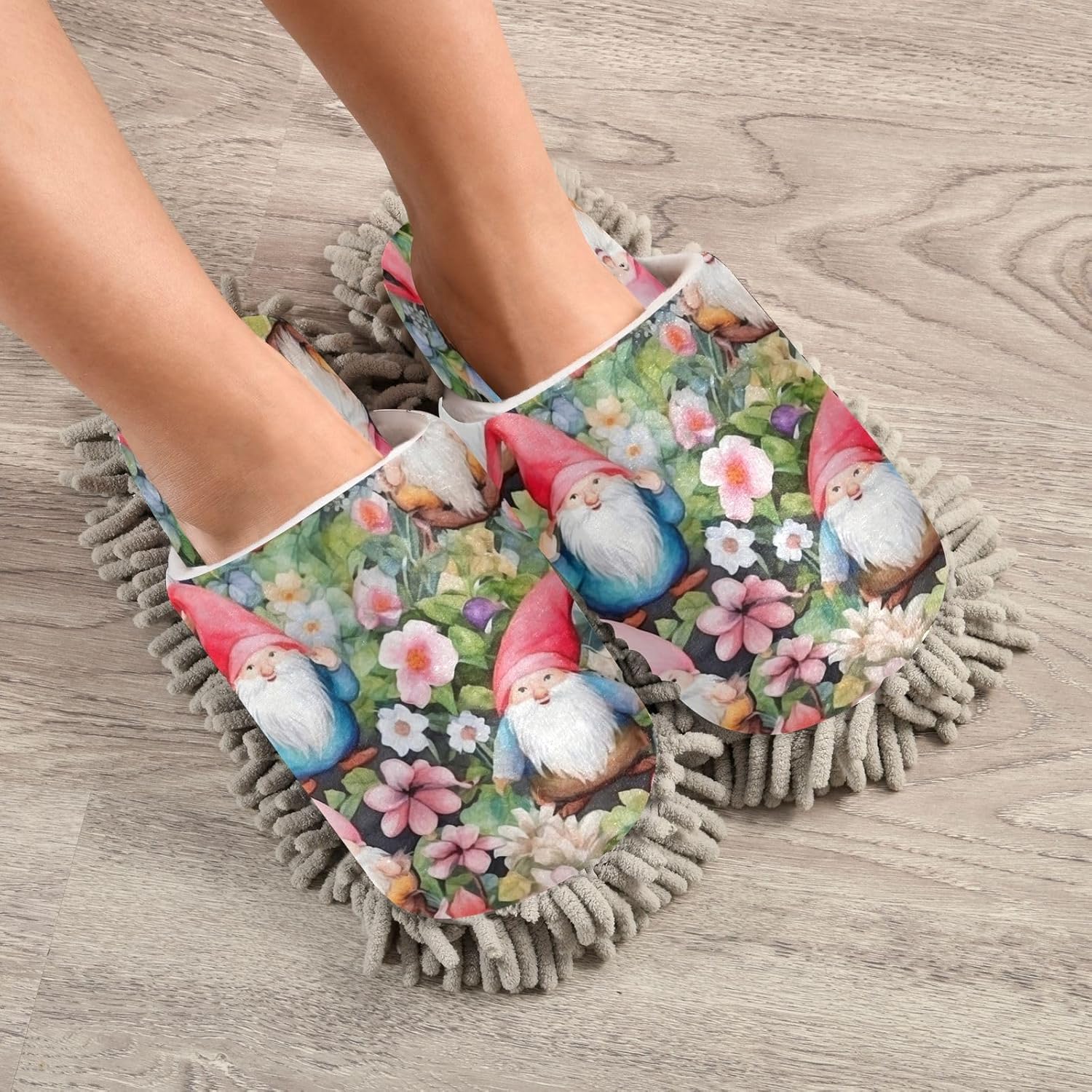 Watercolor Gnome Microfiber Mopping Slippers - Large Size