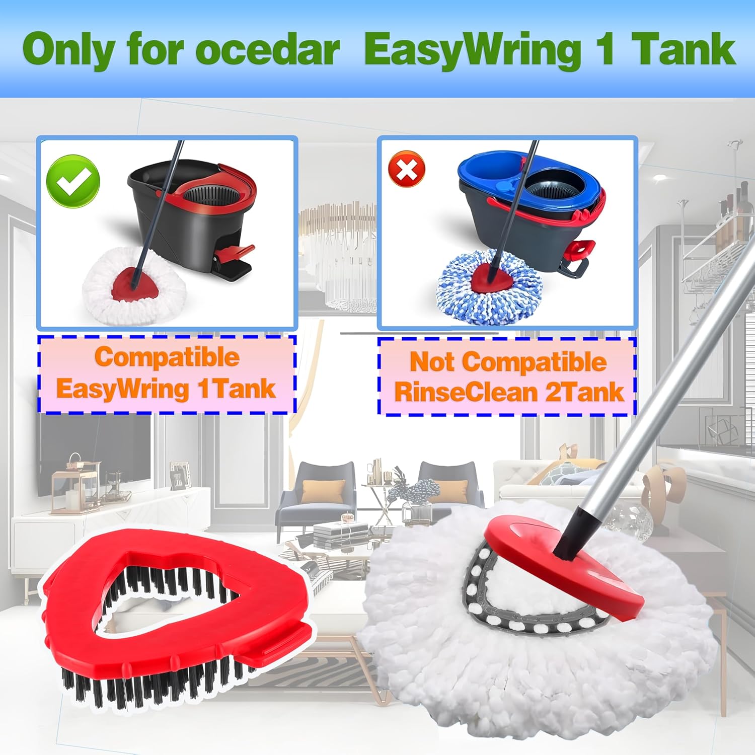 Spin Mop Replacement Heads and Brush Set for O Cedar EasyWring 1-Tank System