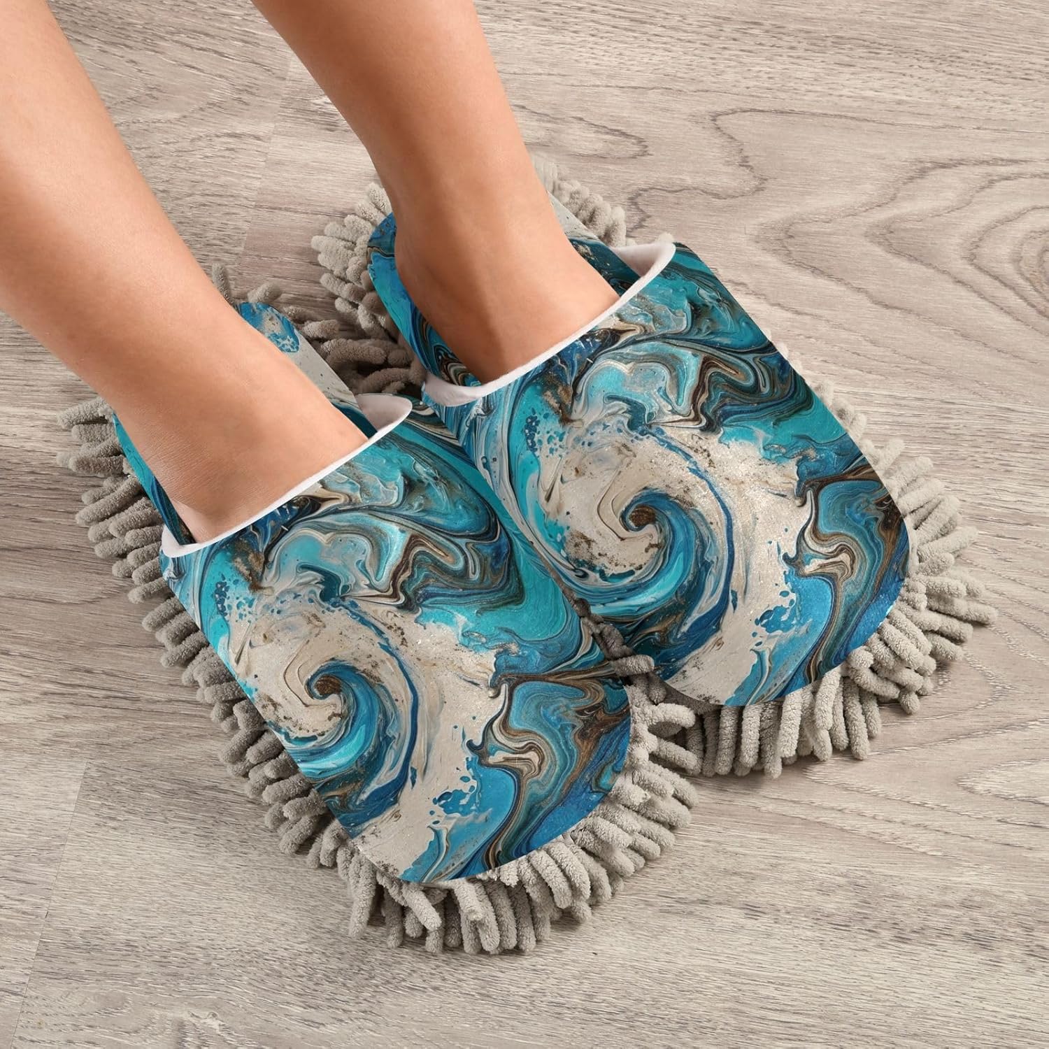 Bulletgxll Blue Swirling Microfiber Cleaning Slippers - Washable Mopping Slippers for Men and Women