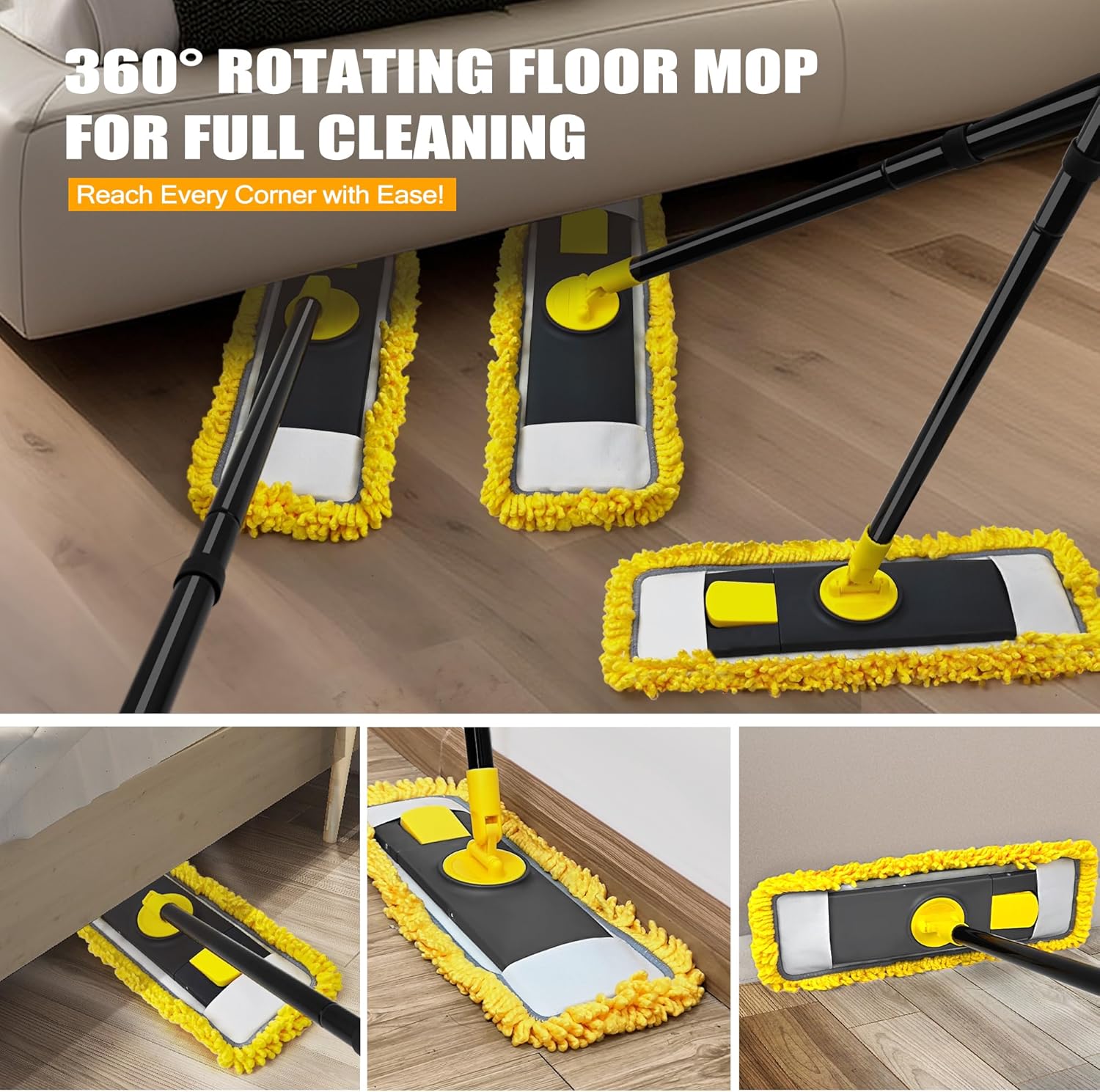 Dolanx Dust Mop with Microfiber Chenille Pads Dry Wet Flat Mop for Hardwood Laminate Vinyl Floors Yellow