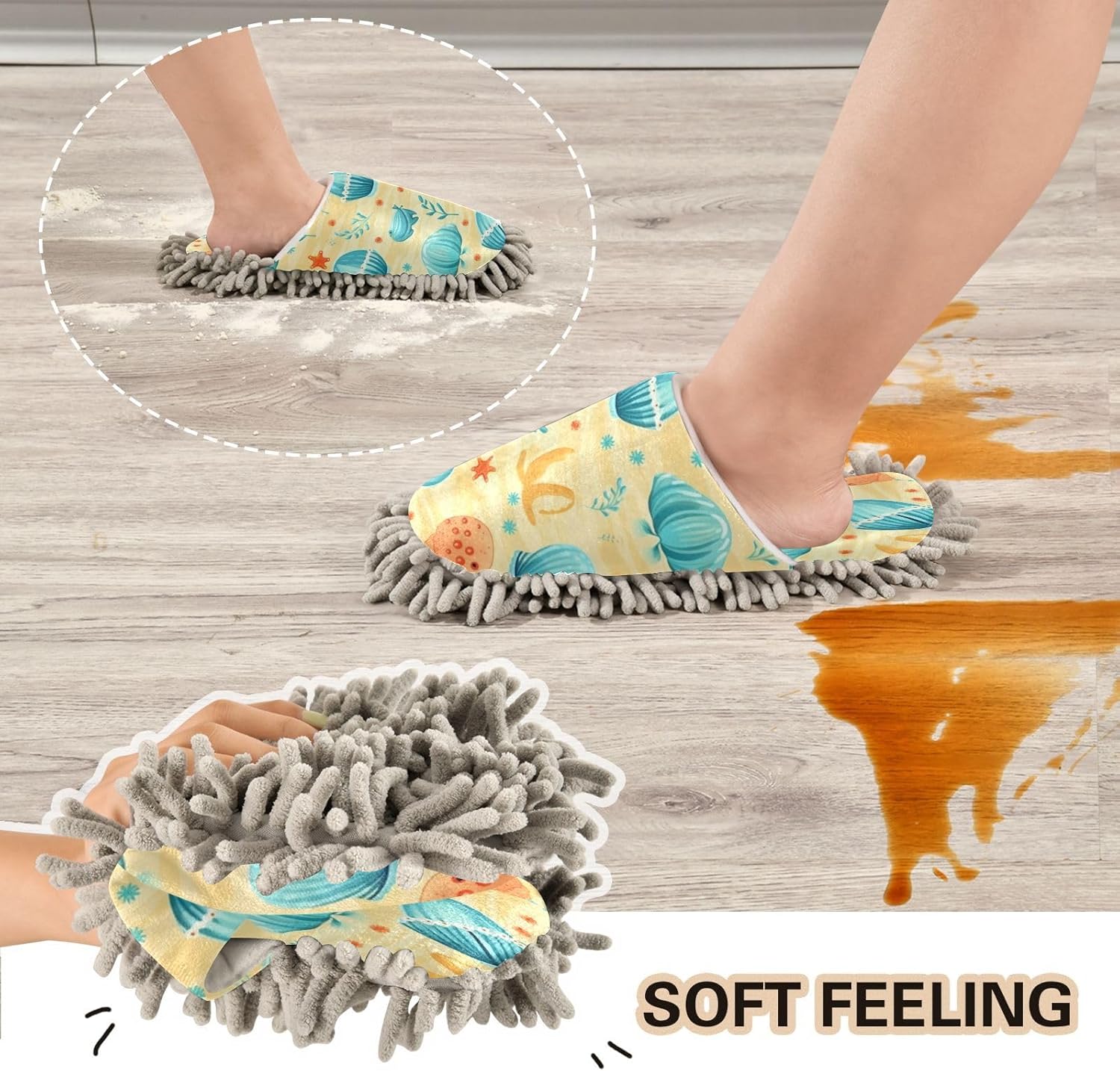 Yellow Seashells Mopping Slippers Washable Floor Mop Replacements for Men Women L Size