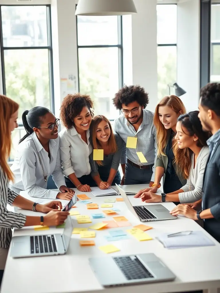 A diverse team collaborating around a table, brainstorming and developing innovative solutions, representing innovation workshops.