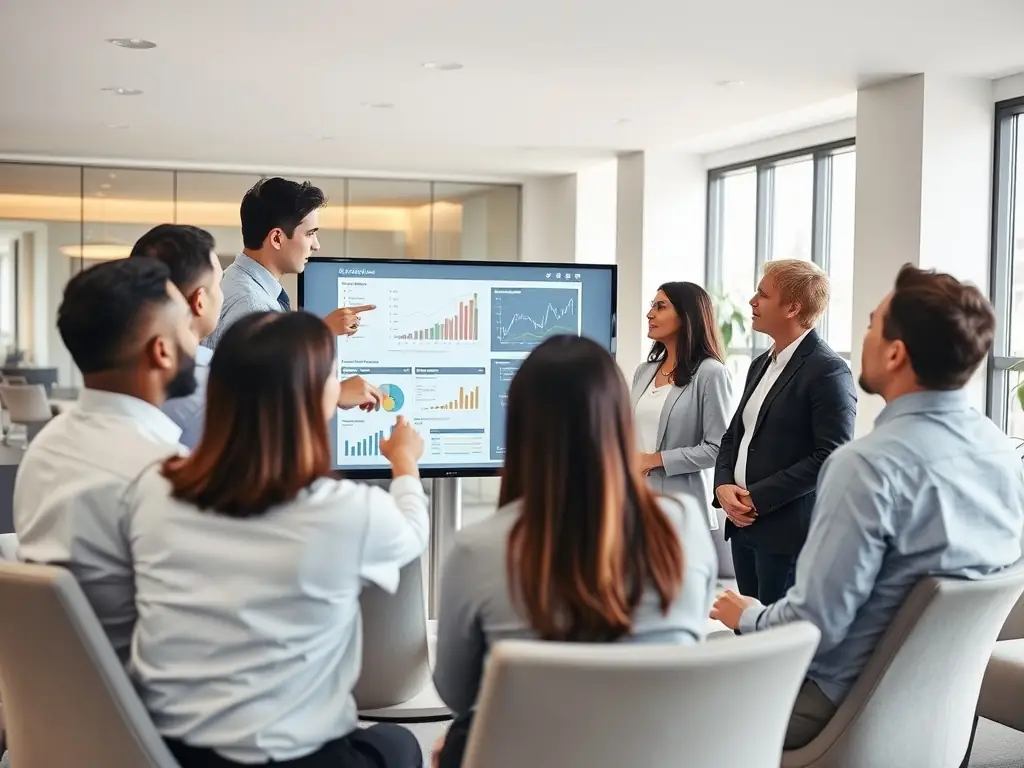 A professional team of consultants working on a project, discussing data and insights.