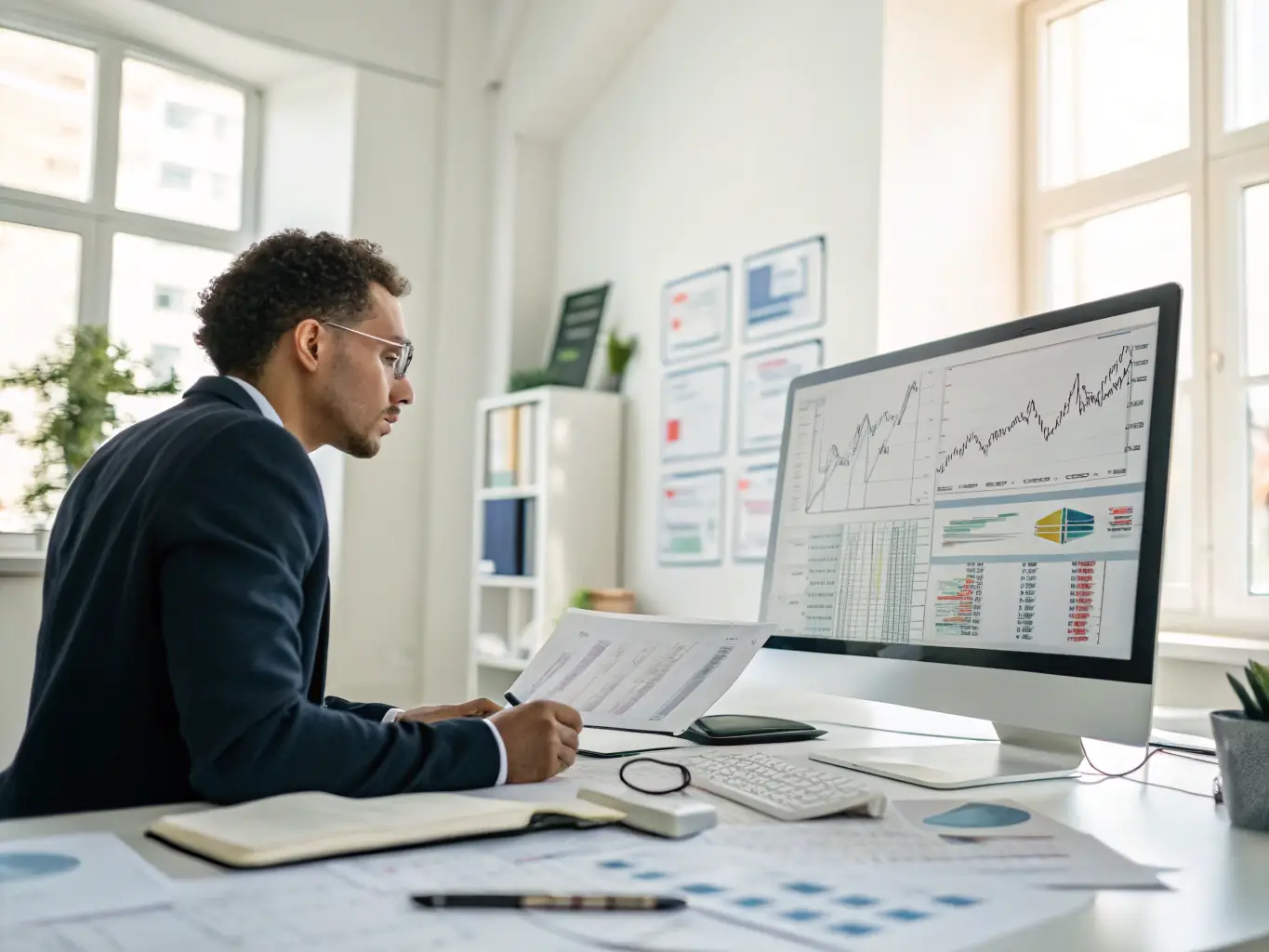 A professional analyst is reviewing market data on a computer screen, with charts and graphs illustrating market trends in the background. The image represents strategic market analysis.