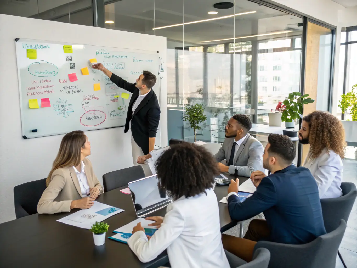 A diverse team of consultants collaborating in a modern office, brainstorming innovative solutions for clients. The image represents collaborative consulting expertise.