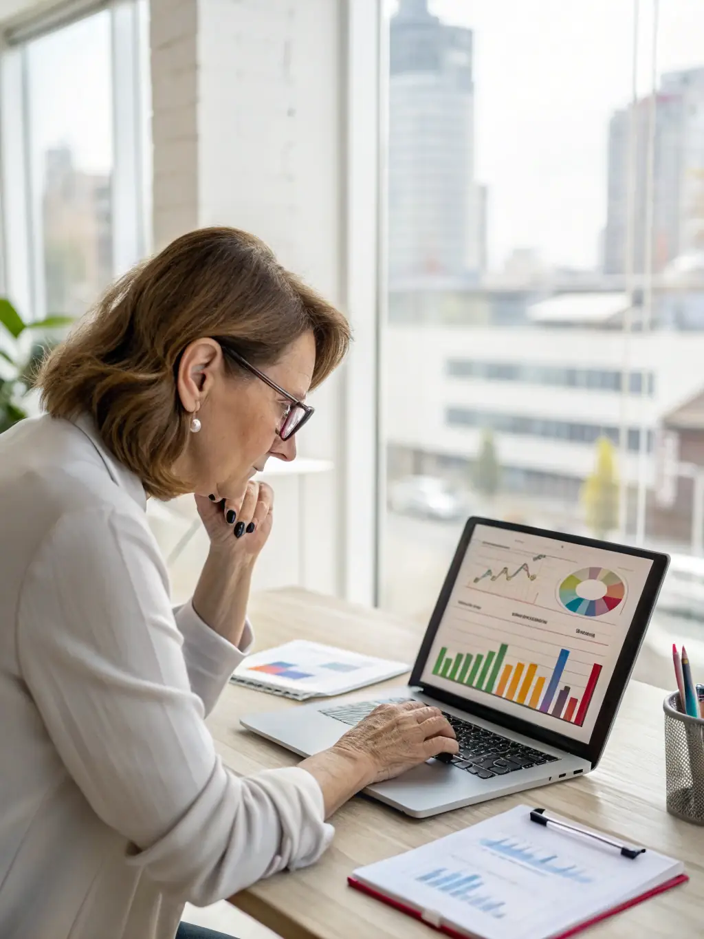 A consultant in a modern office setting, analyzing data on a large screen, representing strategic market analysis.