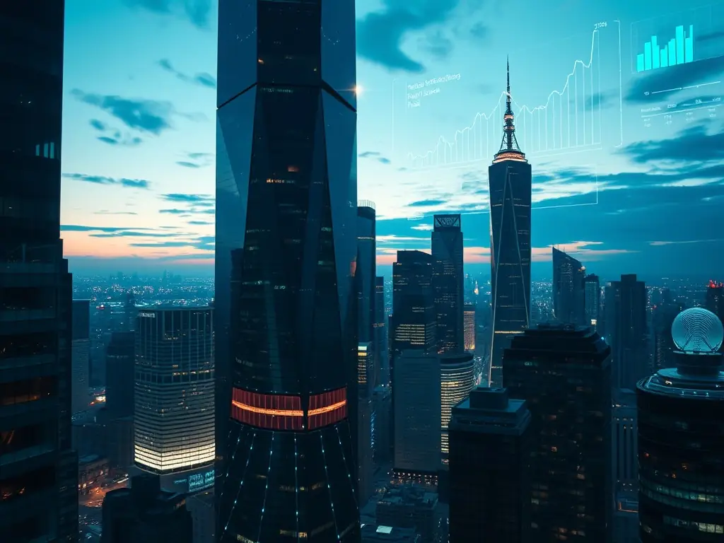 A futuristic cityscape with digital overlays representing technological advancements and trend forecasting. The image symbolizes technological trend forecasting.